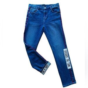Zara TRF denim Will Be Serious Slouchy Patched Skinny Jeans size 4